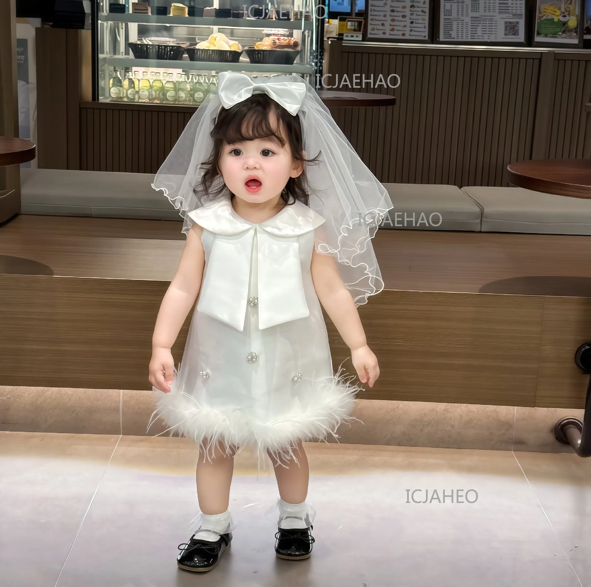 Baby Girls White Korean Style Children Catch Week Gown New Wedding Flower Girl Birthday Party Banquet Elegant Princess Dress