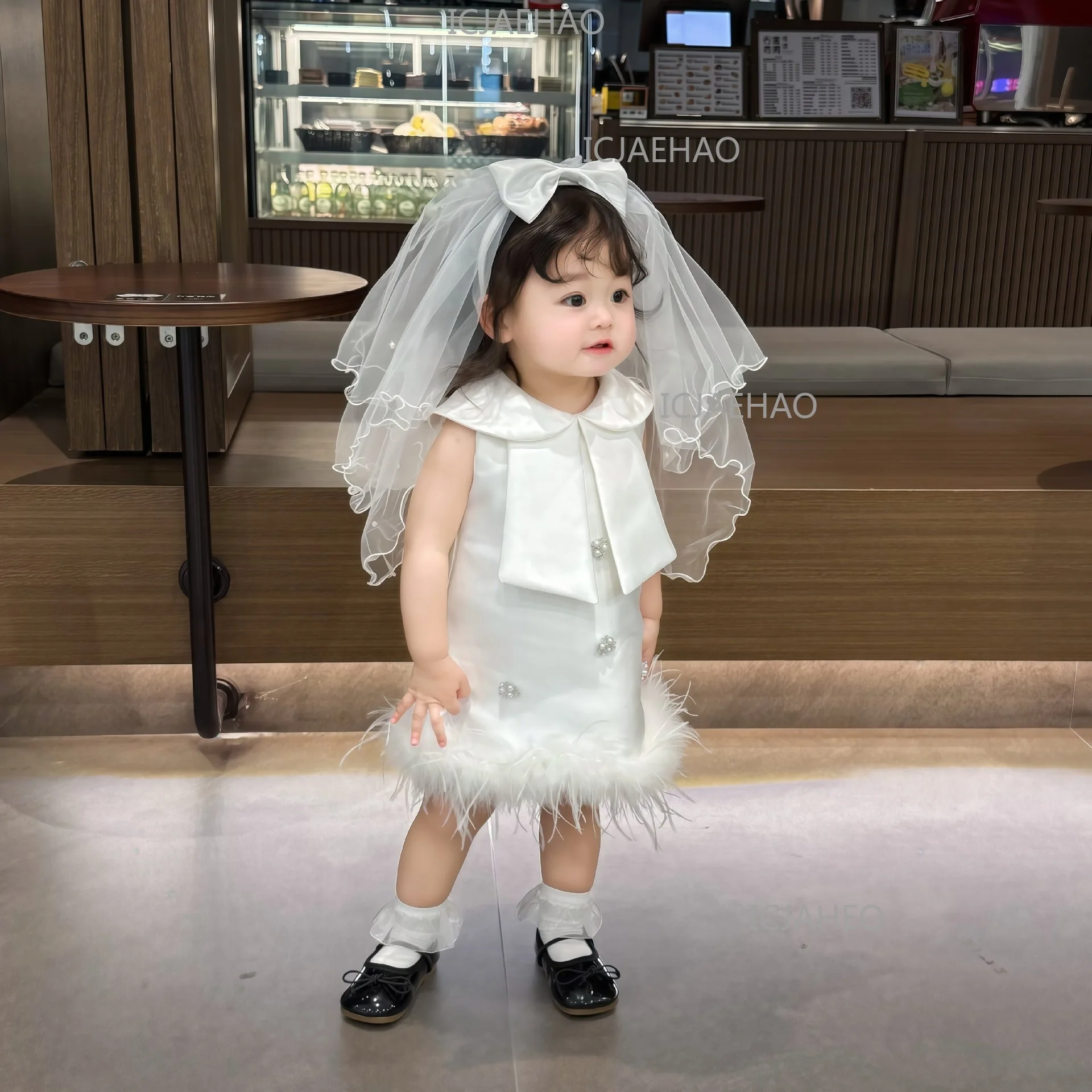 Baby Girls White Korean Style Children Catch Week Gown New Wedding Flower Girl Birthday Party Banquet Elegant Princess Dress