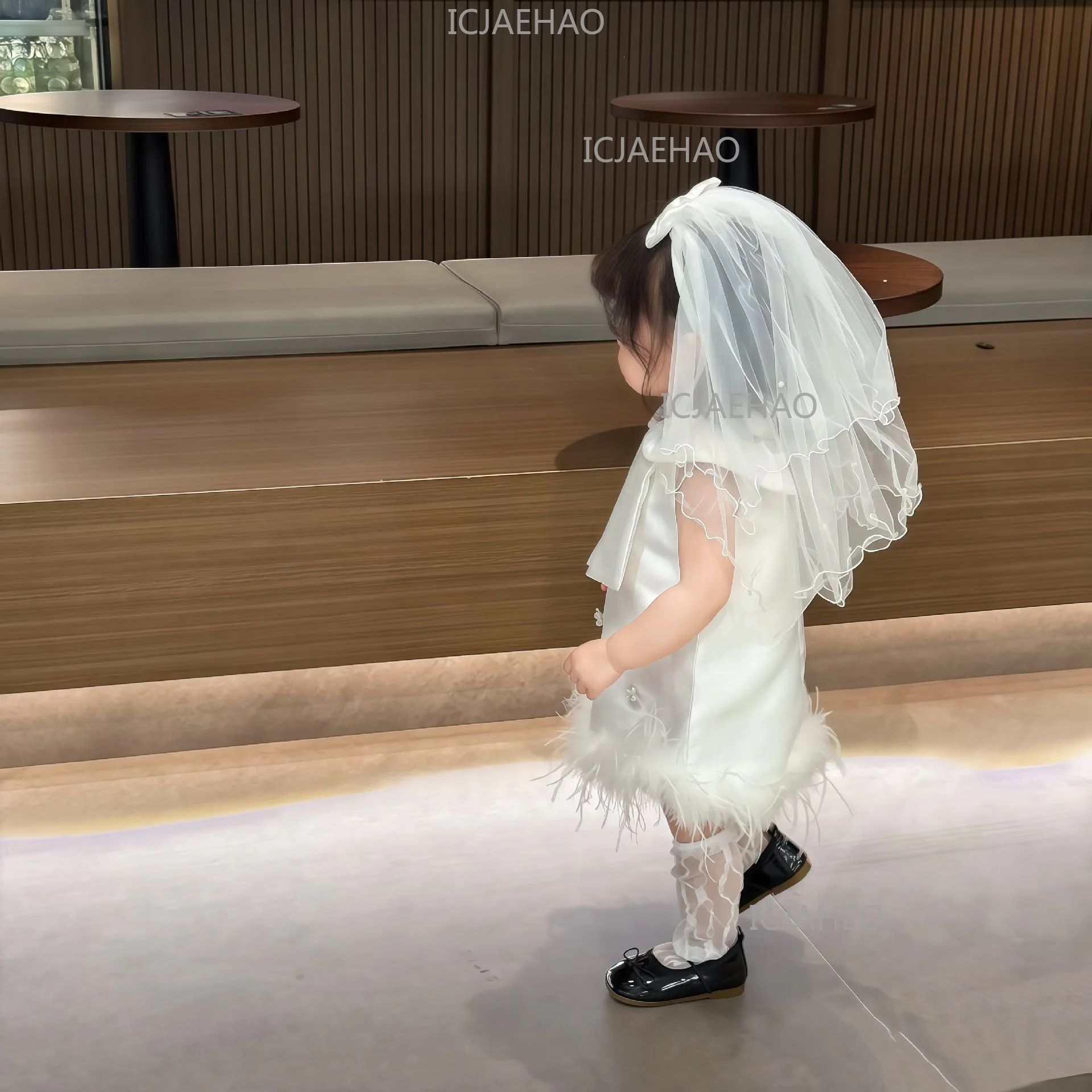 Baby Girls White Korean Style Children Catch Week Gown New Wedding Flower Girl Birthday Party Banquet Elegant Princess Dress