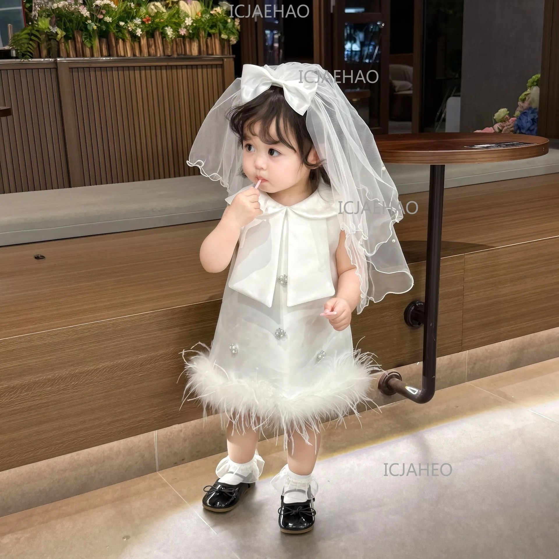 Baby Girls White Korean Style Children Catch Week Gown New Wedding Flower Girl Birthday Party Banquet Elegant Princess Dress