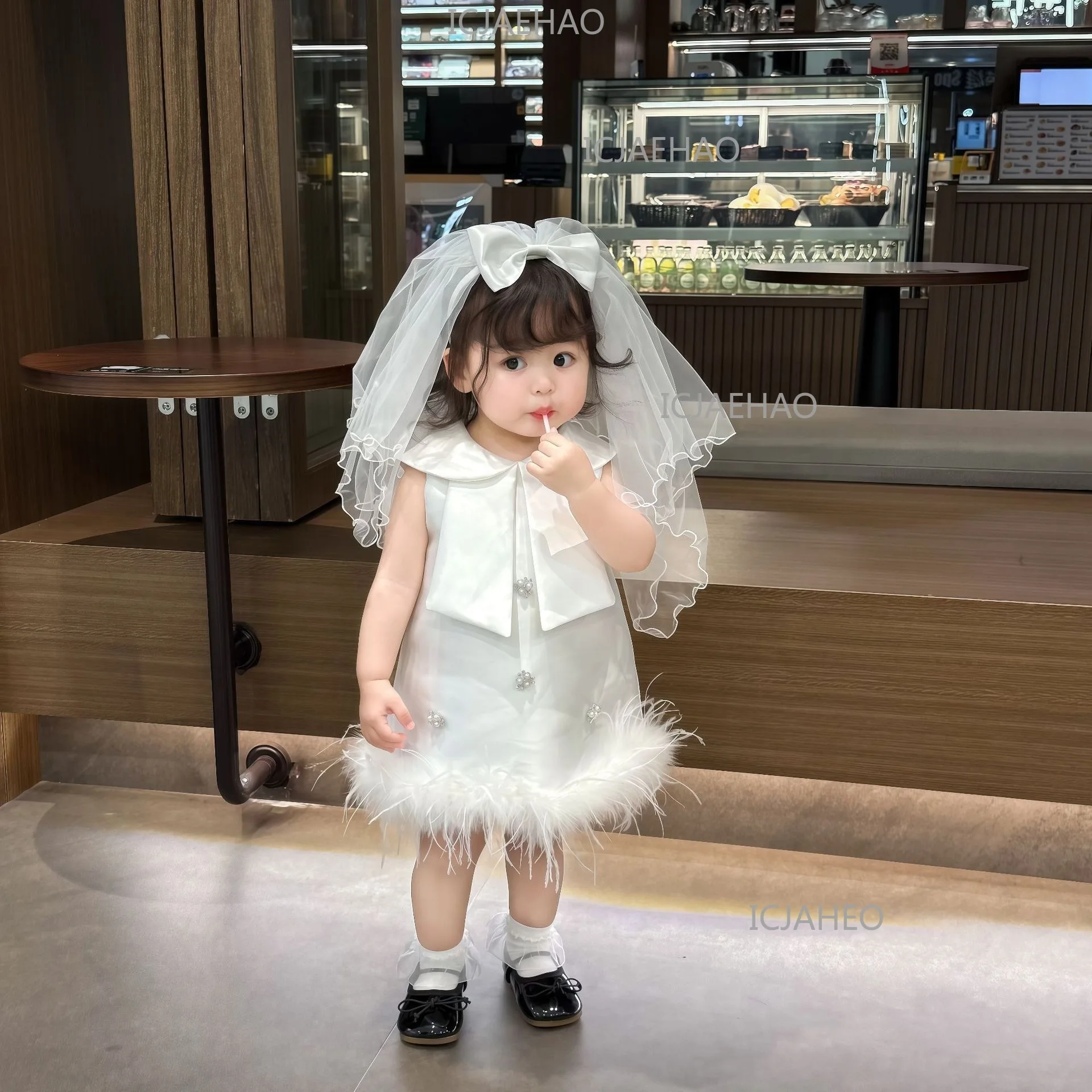 Baby Girls White Korean Style Children Catch Week Gown New Wedding Flower Girl Birthday Party Banquet Elegant Princess Dress