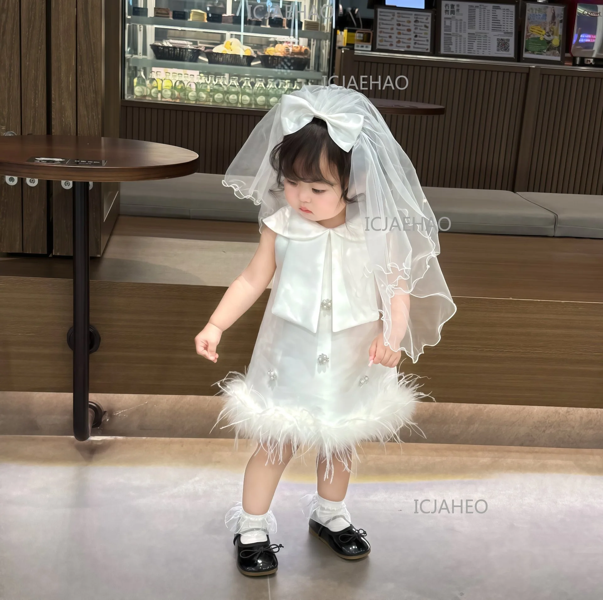 Baby Girls White Korean Style Children Catch Week Gown New Wedding Flower Girl Birthday Party Banquet Elegant Princess Dress