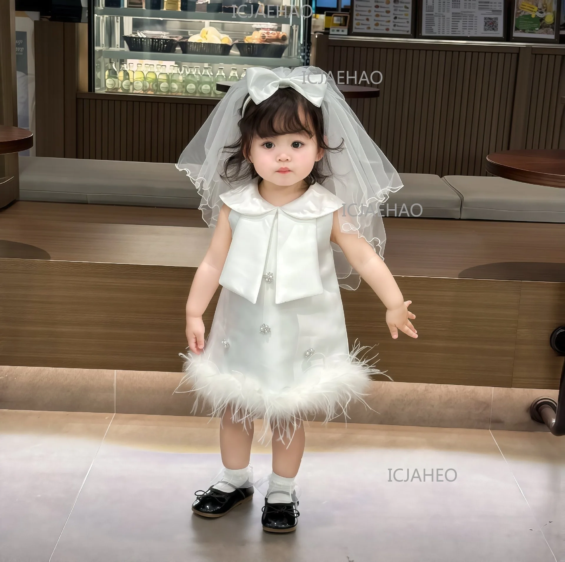 Baby Girls White Korean Style Children Catch Week Gown New Wedding Flower Girl Birthday Party Banquet Elegant Princess Dress