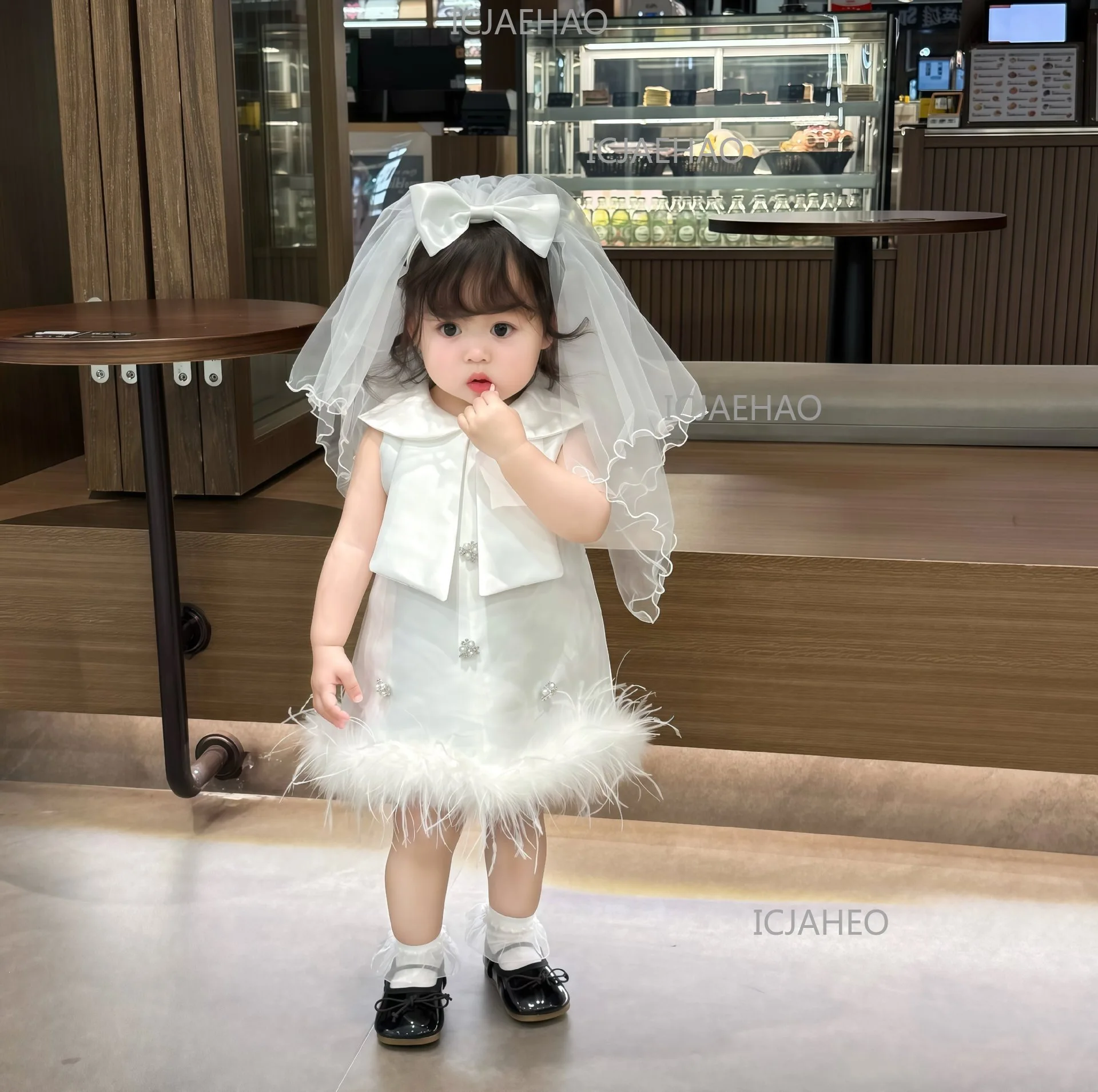 Baby Girls White Korean Style Children Catch Week Gown New Wedding Flower Girl Birthday Party Banquet Elegant Princess Dress
