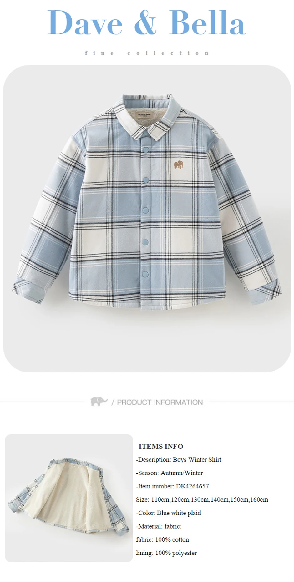 Dave Bella Boys Fleece-lined Plaid Shirt for Winter Warm Blouse Coats Casual Outdoor Long Sleeve Tops Clothes DK4264657