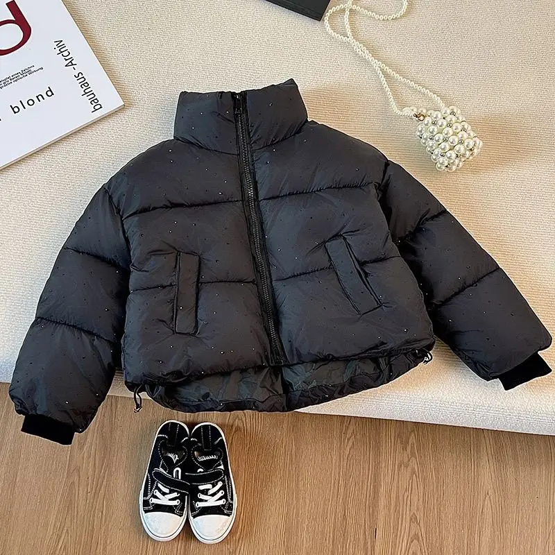 2026 Winter Girls Rhinestone Puffer Jacket Korean Star-Studded Fashion Coat Glitter Zip-Up Quilted Down Jacket