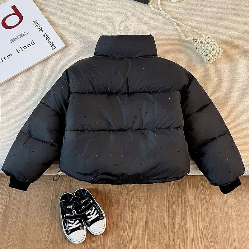 2026 Winter Girls Rhinestone Puffer Jacket Korean Star-Studded Fashion Coat Glitter Zip-Up Quilted Down Jacket