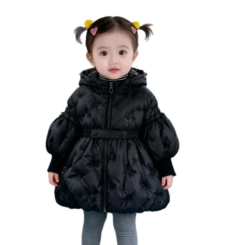 2026 New Winter Girls' Lantern Sleeves with Three-dimensional Embroidery and Waist Cinching Warm Cotton Jacket