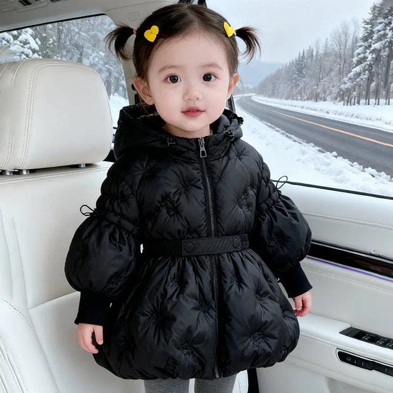 2026 New Winter Girls' Lantern Sleeves with Three-dimensional Embroidery and Waist Cinching Warm Cotton Jacket