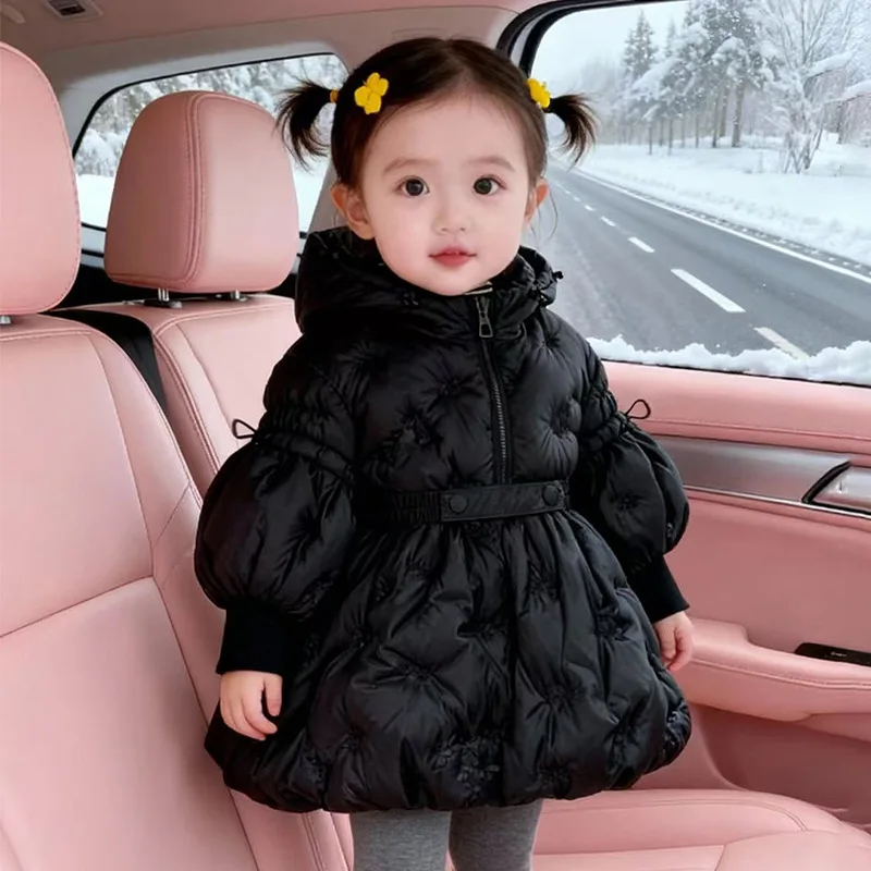 2026 New Winter Girls' Lantern Sleeves with Three-dimensional Embroidery and Waist Cinching Warm Cotton Jacket