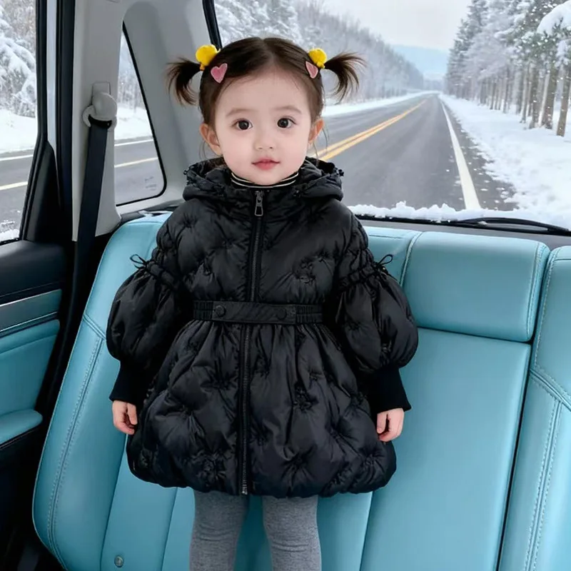 2026 New Winter Girls' Lantern Sleeves with Three-dimensional Embroidery and Waist Cinching Warm Cotton Jacket
