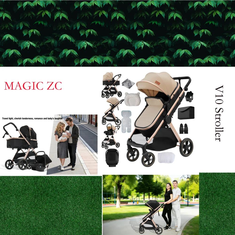 3 in 1 Luxury Lightweight Stroller Baby Carriage Lightweight Portable Folding High Seat Travel Stroller with Car Seat, Memory Foam Mattress and Storage Bag, Fashionable Shopping Cart