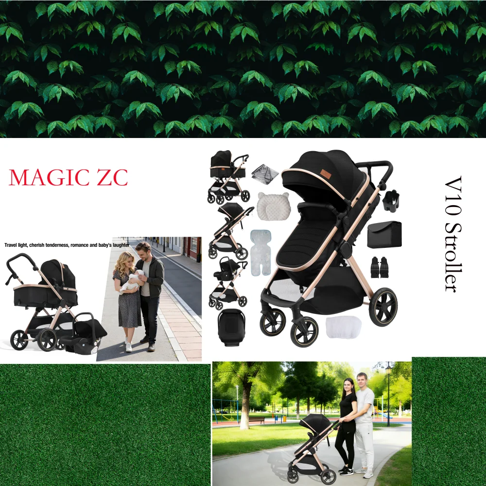 3 in 1 Luxury Lightweight Stroller Baby Carriage Lightweight Portable Folding High Seat Travel Stroller with Car Seat, Memory Foam Mattress and Storage Bag, Fashionable Shopping Cart