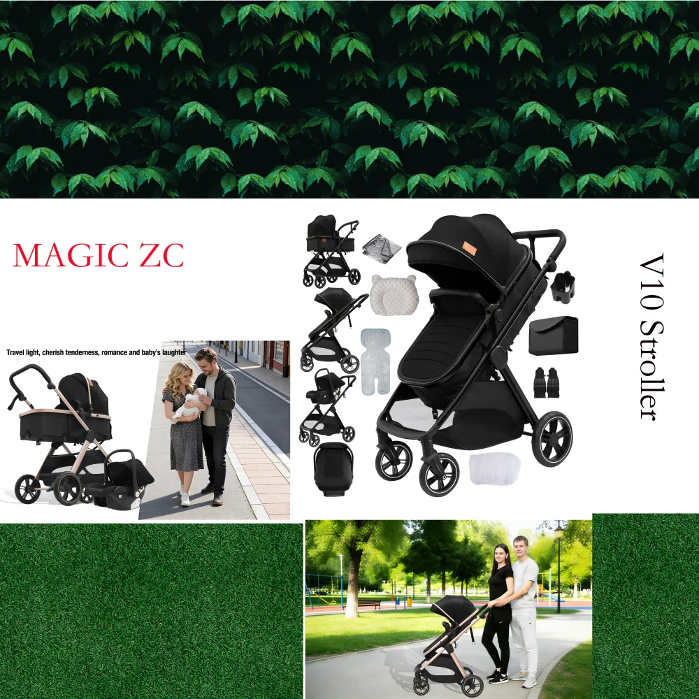 3 in 1 Luxury Lightweight Stroller Baby Carriage Lightweight Portable Folding High Seat Travel Stroller with Car Seat, Memory Foam Mattress and Storage Bag, Fashionable Shopping Cart
