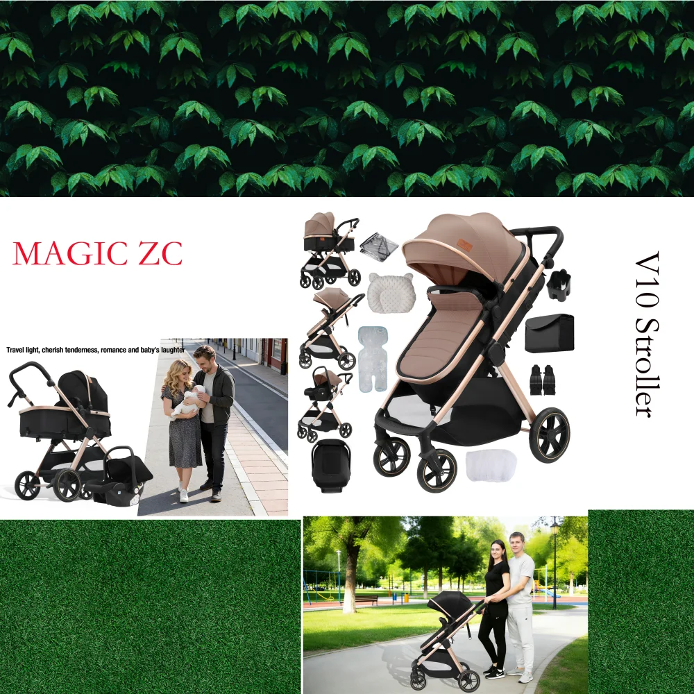 3 in 1 Luxury Lightweight Stroller Baby Carriage Lightweight Portable Folding High Seat Travel Stroller with Car Seat, Memory Foam Mattress and Storage Bag, Fashionable Shopping Cart