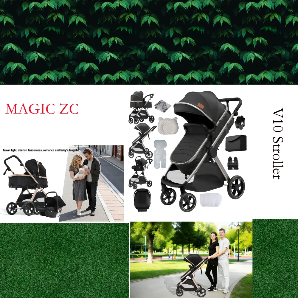 3 in 1 Luxury Lightweight Stroller Baby Carriage Lightweight Portable Folding High Seat Travel Stroller with Car Seat, Memory Foam Mattress and Storage Bag, Fashionable Shopping Cart