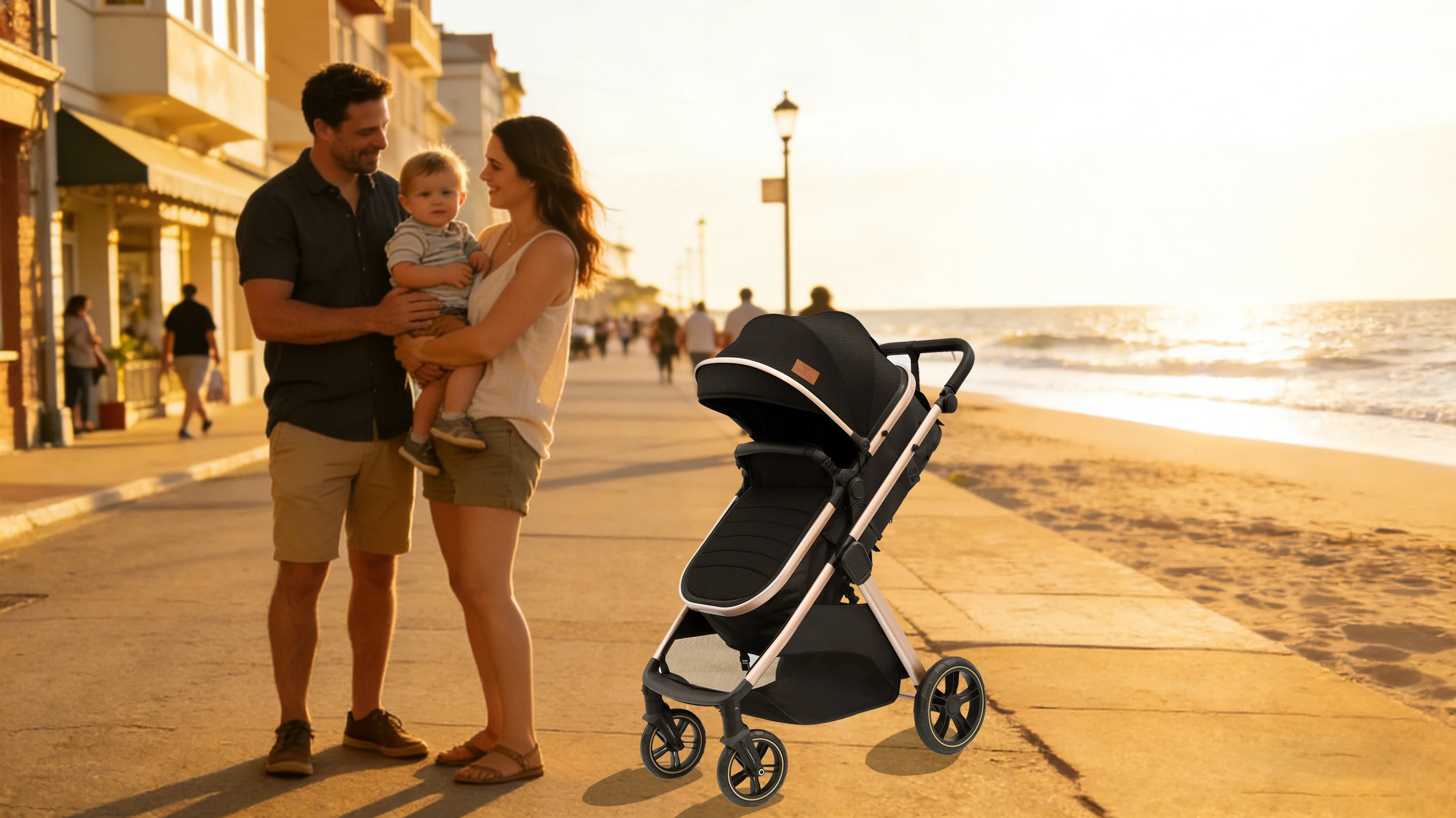 3 in 1 Luxury Lightweight Stroller Baby Carriage Lightweight Portable Folding High Seat Travel Stroller with Car Seat, Memory Foam Mattress and Storage Bag, Fashionable Shopping Cart