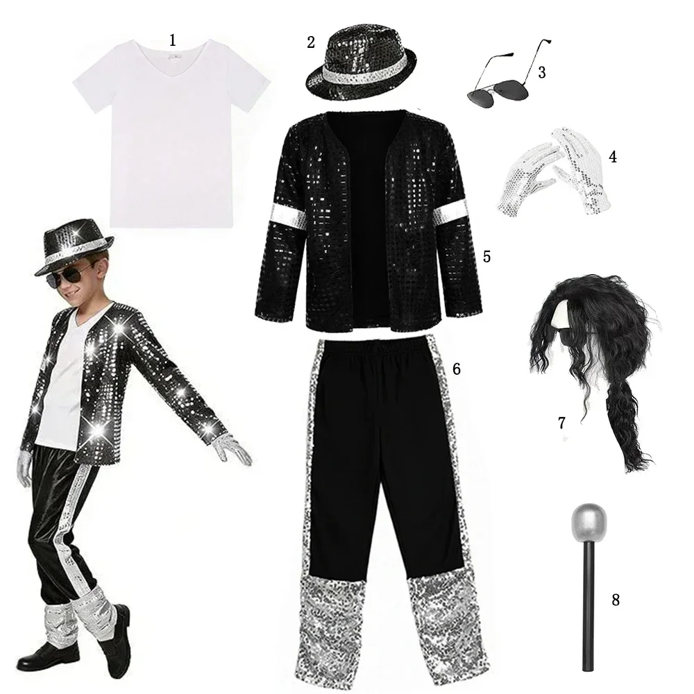 70s 80s Boys Glitter Sequined Party Costume Complete Accessories Retro Singer Outfit Halloween Birthday Role Play Clothes