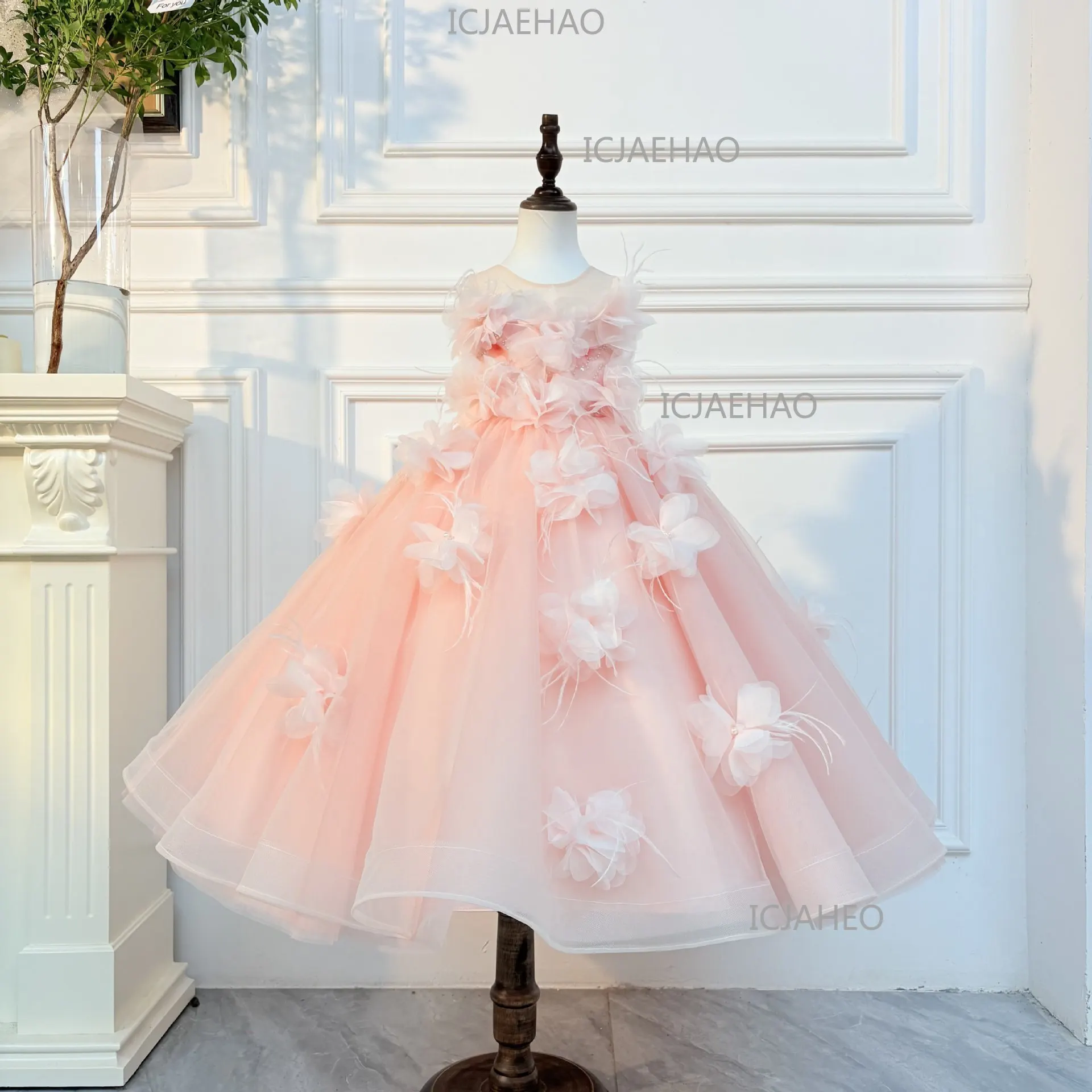 2026 Children Pink 3D Floral Girls Princess Gown Flower Girl Wedding Kids Birthday Runway Piano Performance Tutu Pageant Costume