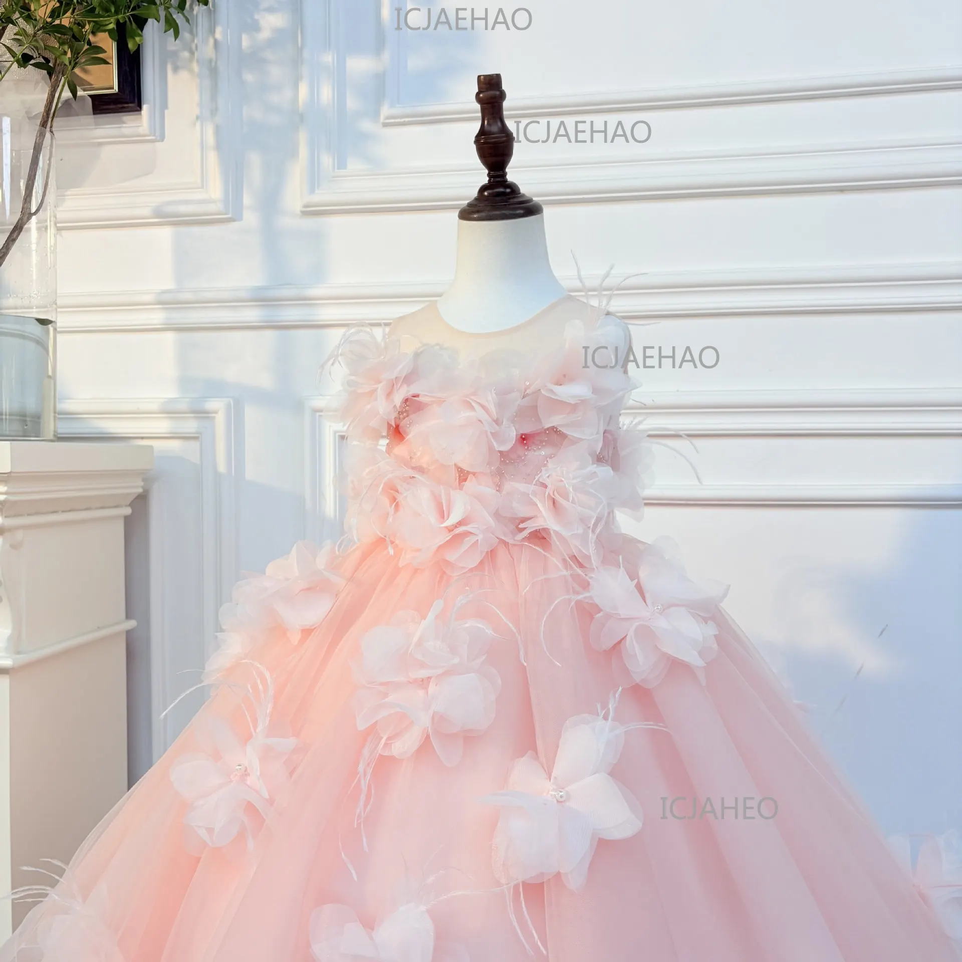 2026 Children Pink 3D Floral Girls Princess Gown Flower Girl Wedding Kids Birthday Runway Piano Performance Tutu Pageant Costume