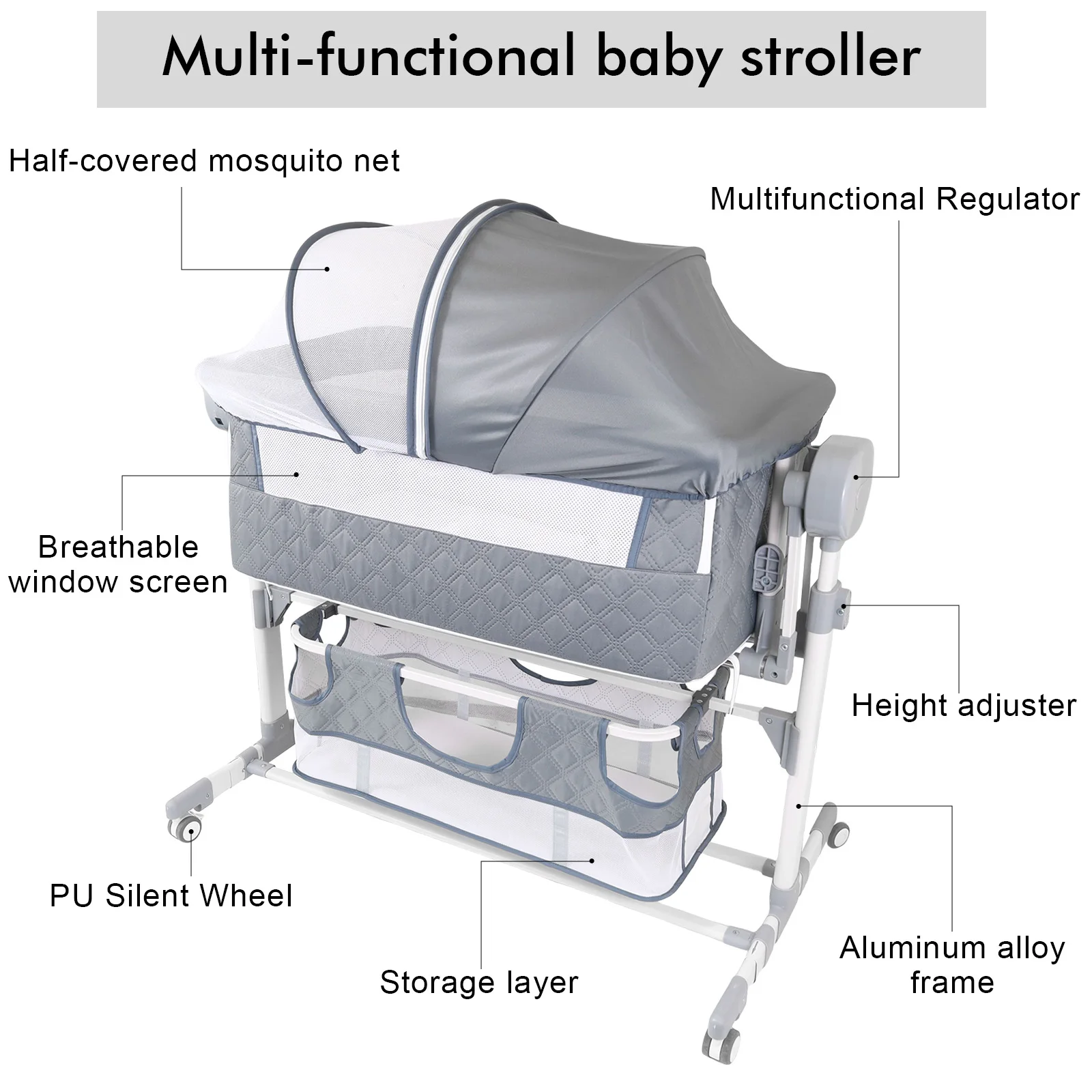 Automatic Baby Rocking Crib Electric Cradle with 5 Speed Swing Remote Control Bluetooth Music Timer Height Adjustable Breathable Mesh Mattress Mosquito Net Large Storage Basket Lockable Wheels for Newborn Infant