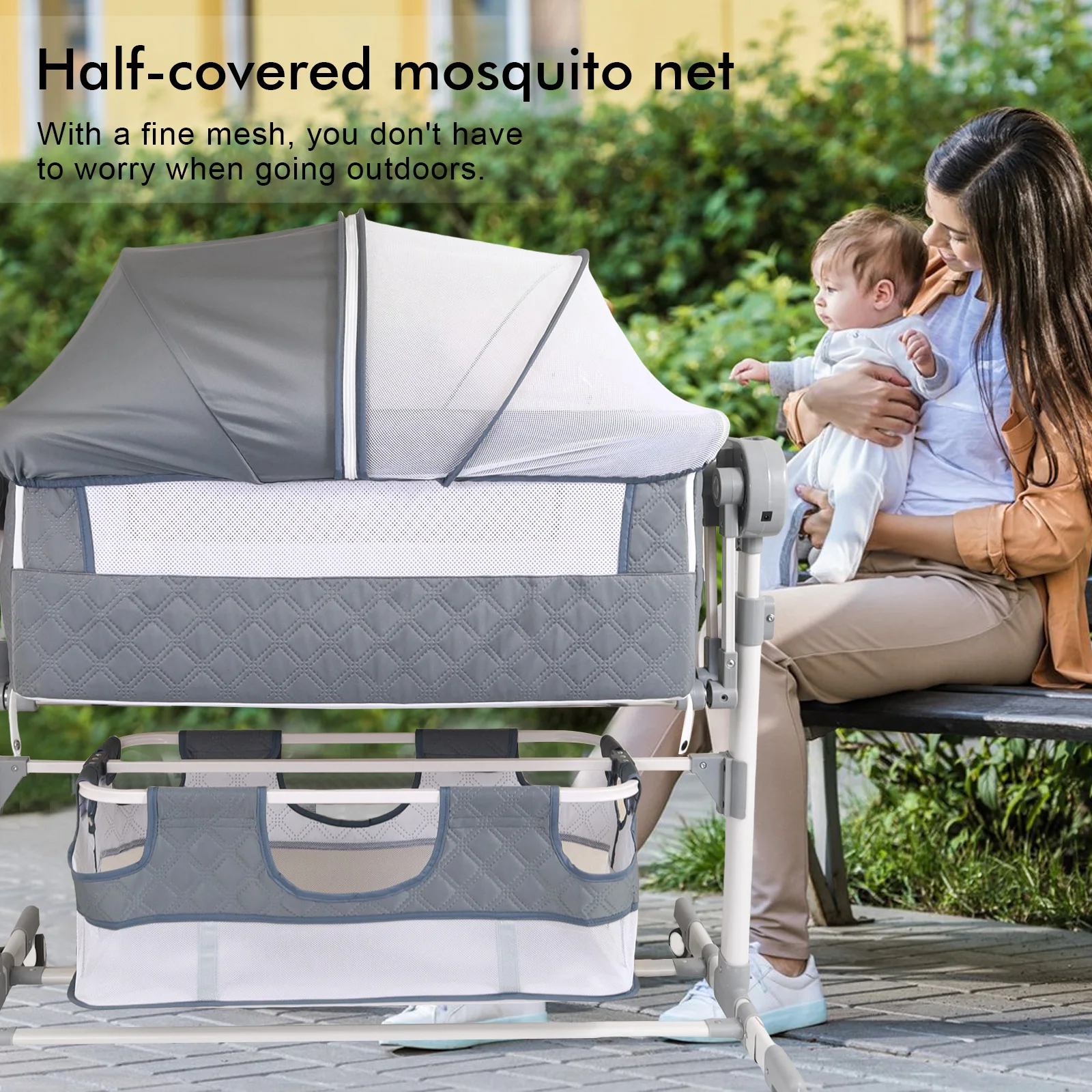 Automatic Baby Rocking Crib Electric Cradle with 5 Speed Swing Remote Control Bluetooth Music Timer Height Adjustable Breathable Mesh Mattress Mosquito Net Large Storage Basket Lockable Wheels for Newborn Infant