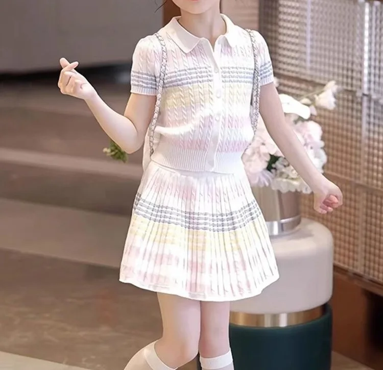 2026 new summer child set teenager Girls Cloth striped tracksuit T shirt top + bottom pleated Skirt suit 4 8 9 10 12 Year tennis