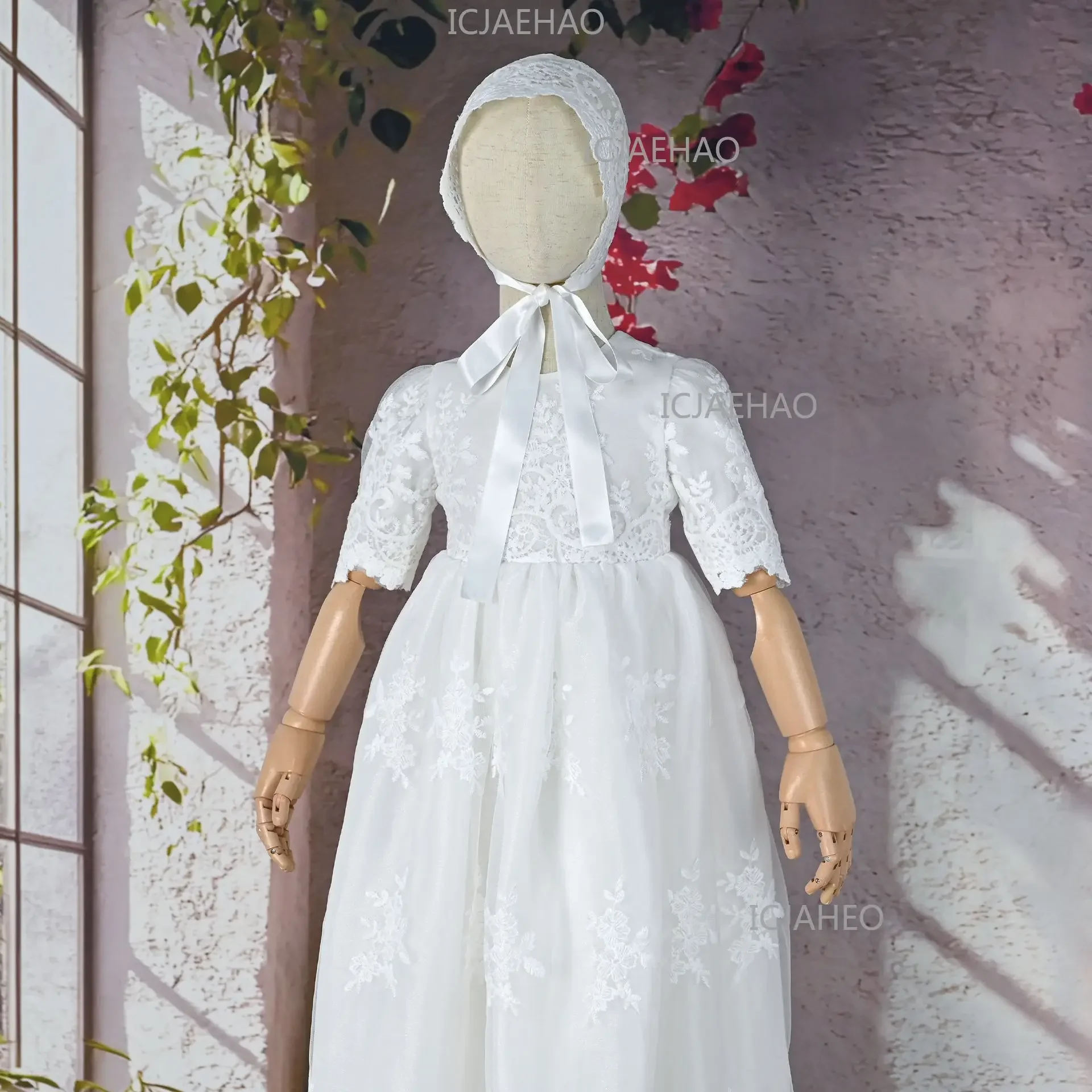 Baby Kids First Birthday Hundred Days Christening Gown Hat Two Piece Set Party Banquet Costume Children White Long Lace Dress