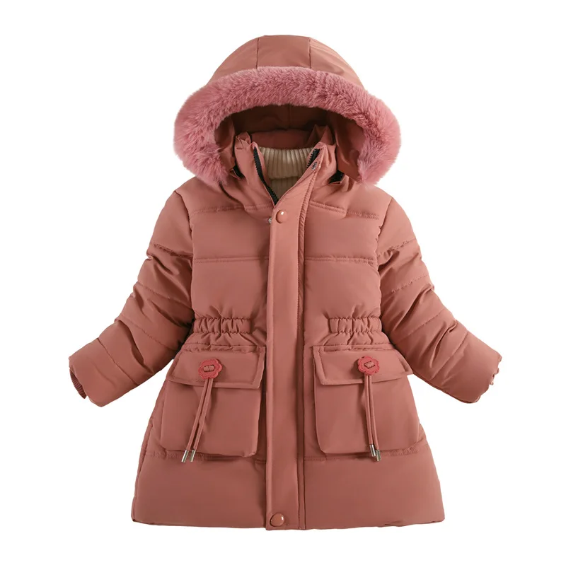 ZOETOPKID New Girls Jacket Winter Long Style Solid Color Waist Plus Velvet Warm Hooded Coat for Kids Teenager Girl Down Parka