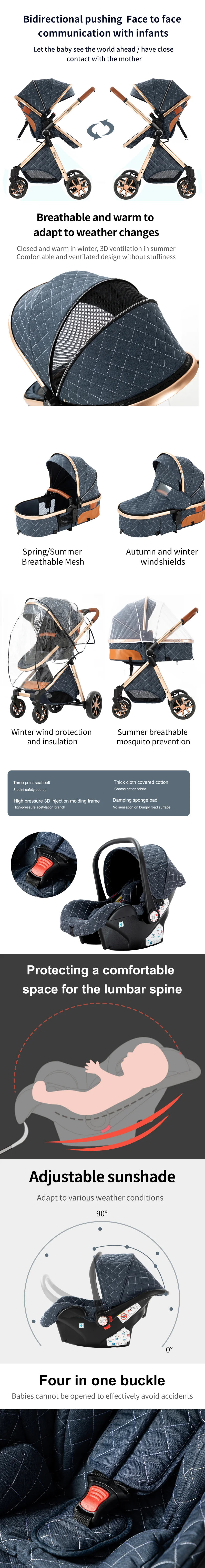 3-in-1 Multifunctional Lightweight Folding Portable High Seat Stroller, Four-Wheel Travel Stroller with Car Seat, Memory Foam Mattress, Storage Bag, Fashionable Cart, Great Choice for Parents, Baby Stroller