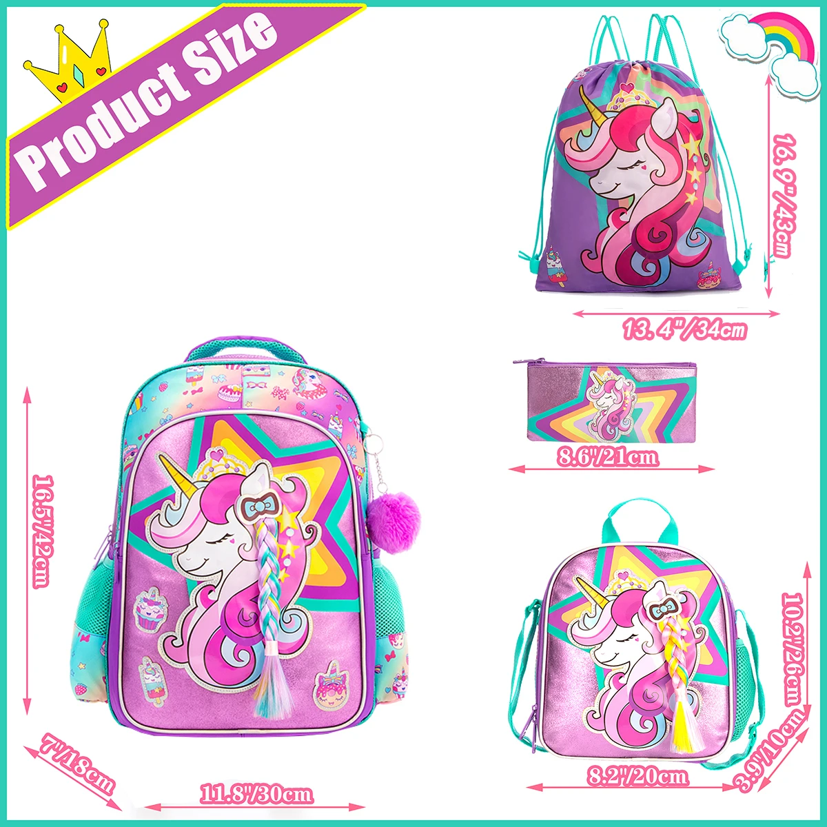 Backpack for Girls School Backpacks for Kids Bookbag for Elementary Kindergarten Students Travel Bag with Lunchbox and Penbag
