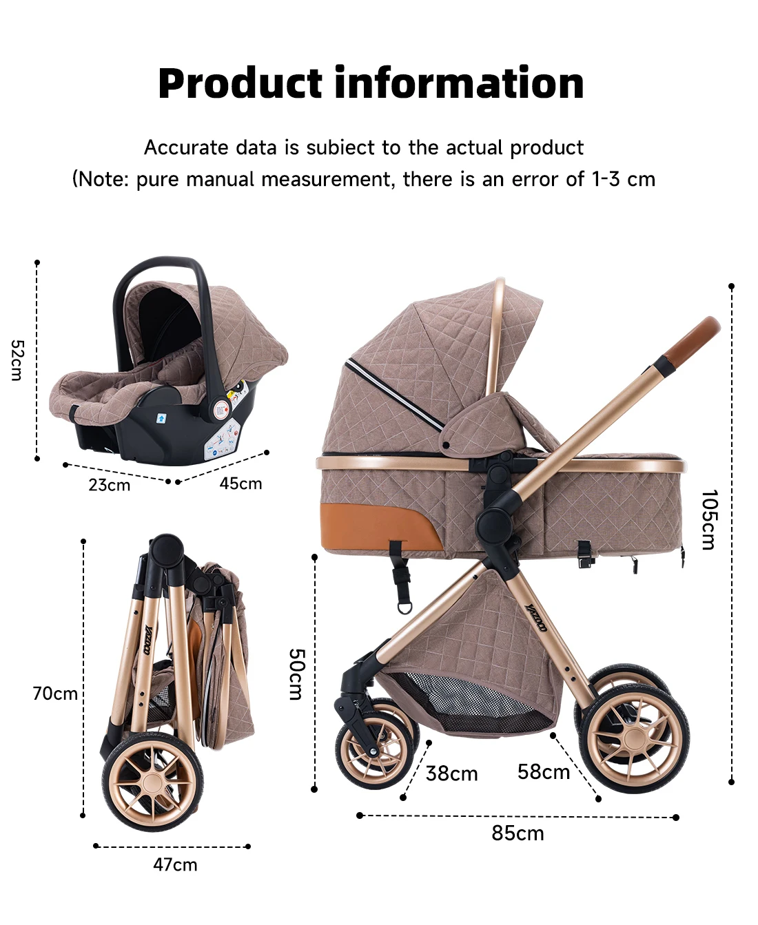 3‑in‑1 Luxurious Elevated‑View Baby Stroller, Portable One‑Hand Folding Travel Pram, Aluminum Frame, Breathable Mesh Seat, UV‑Protection Canopy, Multi‑Position Reclining for Newborns
