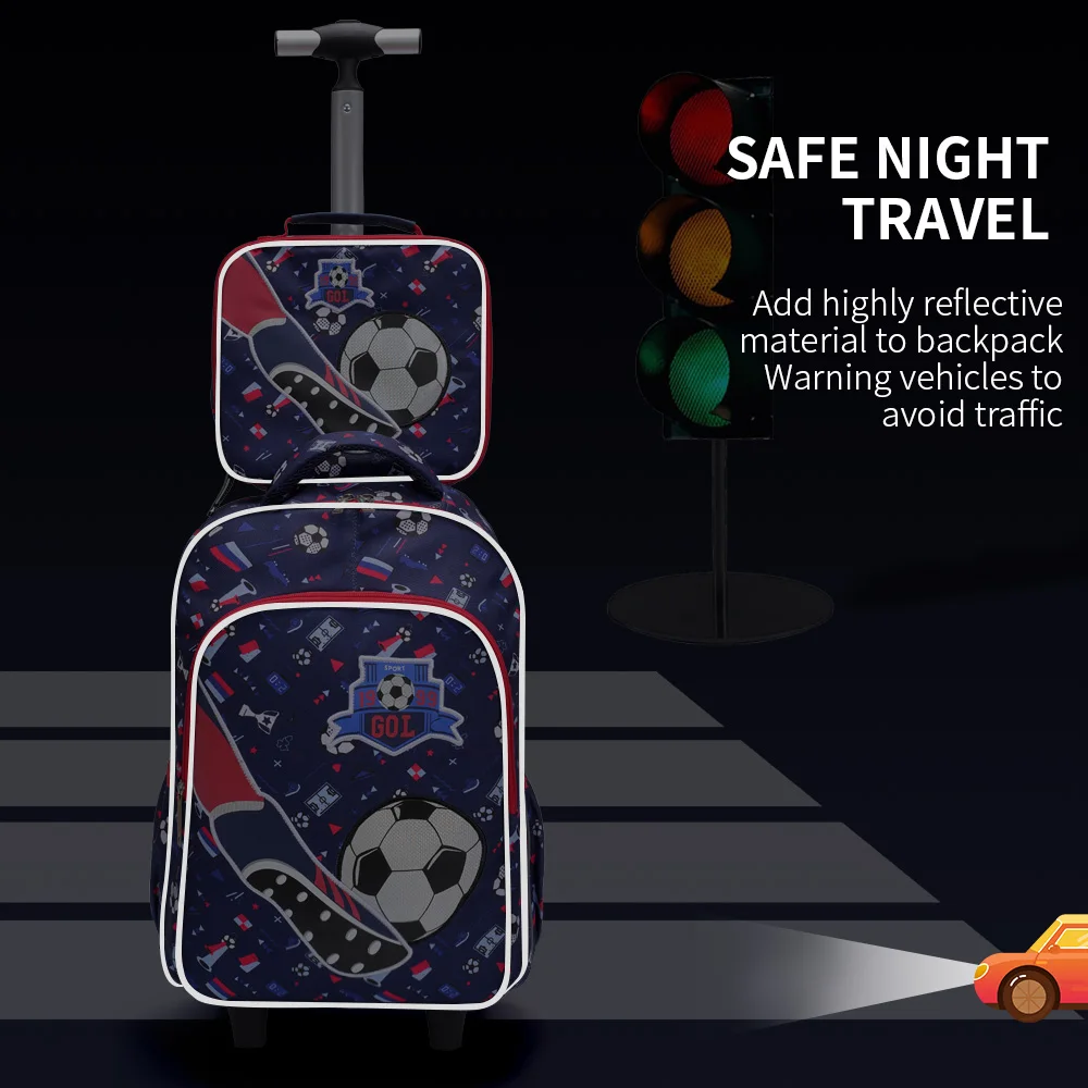 3PCS Rolling Backpack For Boys, Kids Travel Bag, Luggage Bag, Bookbag with Wheels, with Lunch Box And Pen Bag, Cartoon Soccer Pattern, Nighttime Reflective