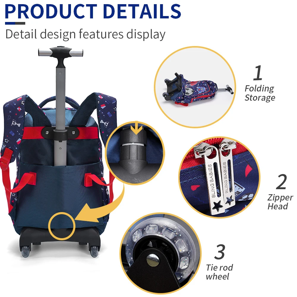 3PCS Rolling Backpack For Boys, Kids Travel Bag, Luggage Bag, Bookbag with Wheels, with Lunch Box And Pen Bag, Cartoon Soccer Pattern, Nighttime Reflective