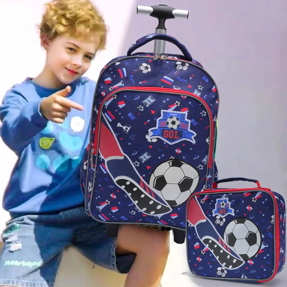 3PCS Rolling Backpack For Boys, Kids Travel Bag, Luggage Bag, Bookbag with Wheels, with Lunch Box And Pen Bag, Cartoon Soccer Pattern, Nighttime Reflective