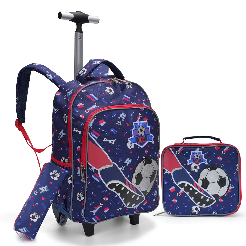 3PCS Rolling Backpack For Boys, Kids Travel Bag, Luggage Bag, Bookbag with Wheels, with Lunch Box And Pen Bag, Cartoon Soccer Pattern, Nighttime Reflective