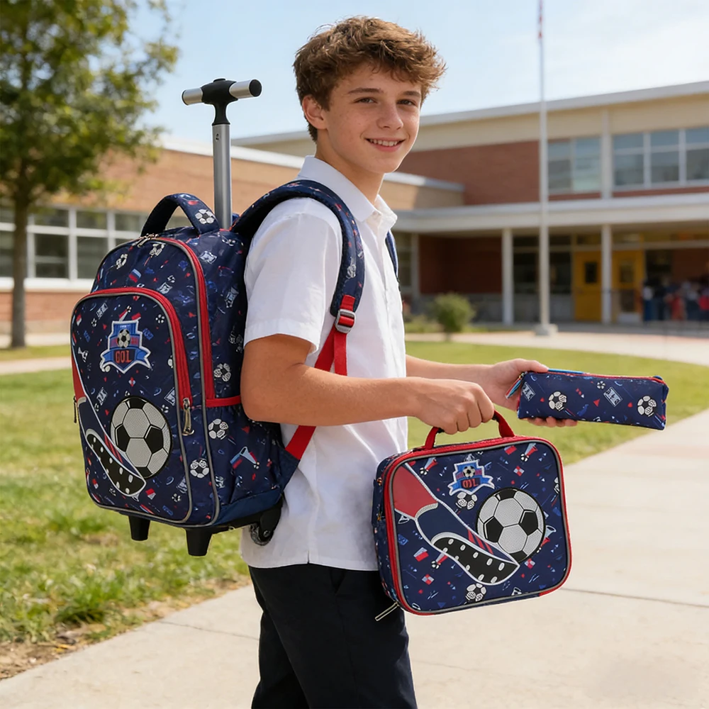 3PCS Rolling Backpack For Boys, Kids Travel Bag, Luggage Bag, Bookbag with Wheels, with Lunch Box And Pen Bag, Cartoon Soccer Pattern, Nighttime Reflective