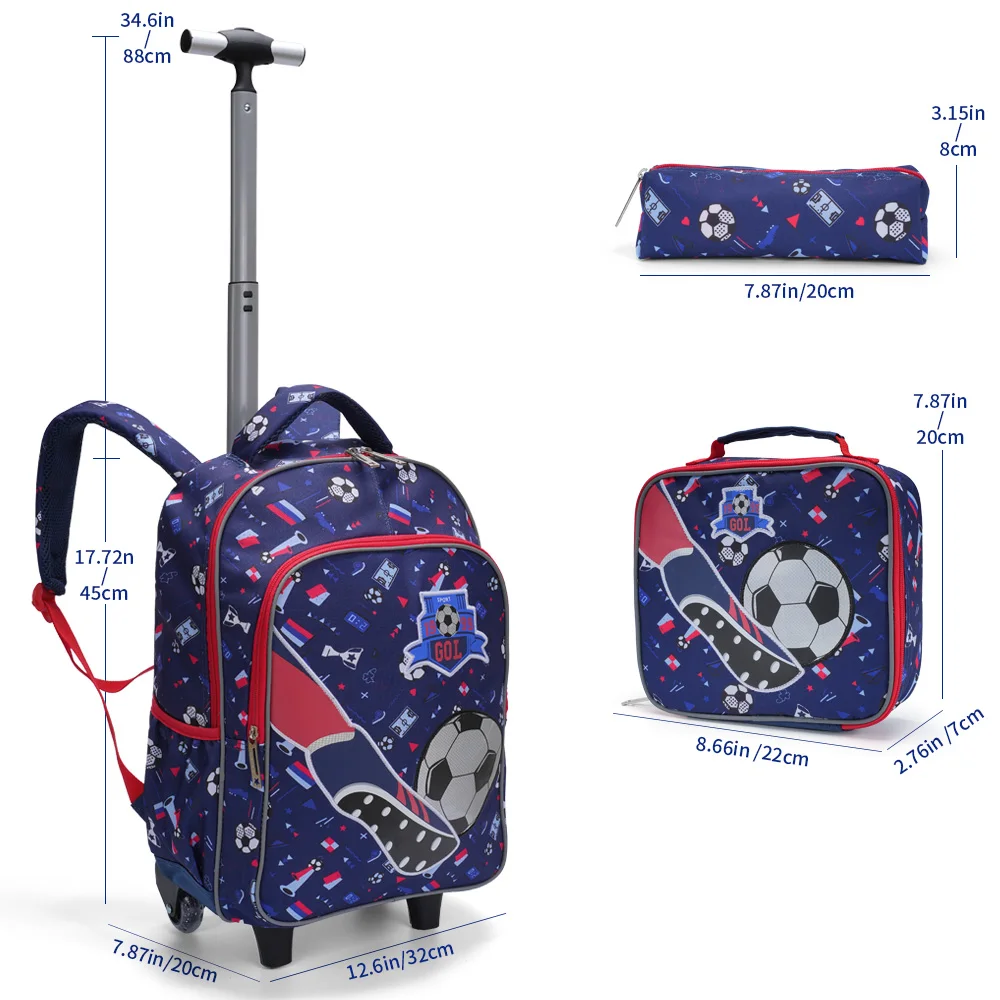 3PCS Rolling Backpack For Boys, Kids Travel Bag, Luggage Bag, Bookbag with Wheels, with Lunch Box And Pen Bag, Cartoon Soccer Pattern, Nighttime Reflective