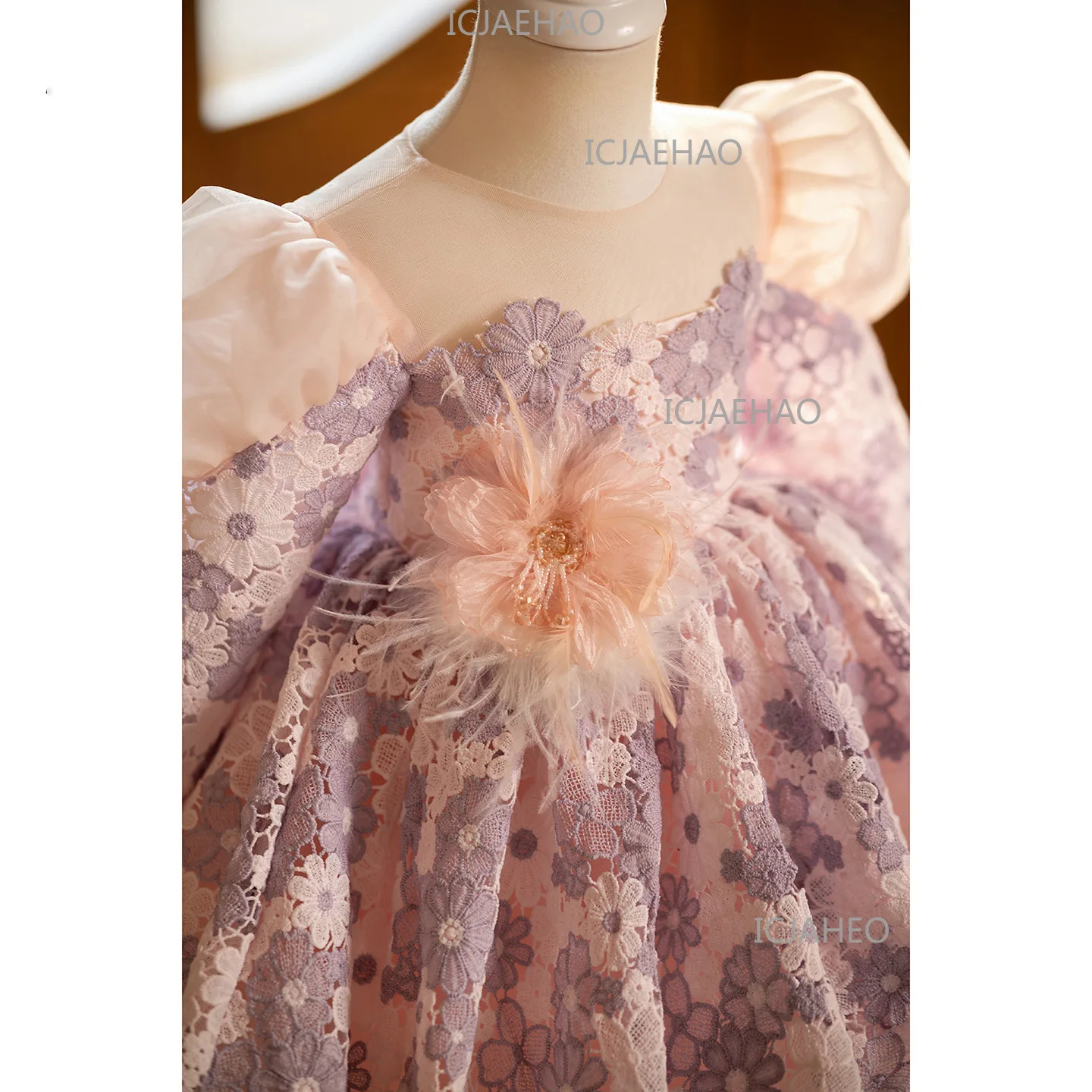 Lace Long Sleeve Puff Sleeve Girls Sweep Train Gown First Birthday Party Banquet Baby Flower Girl Princess Tutu Elegant Costume