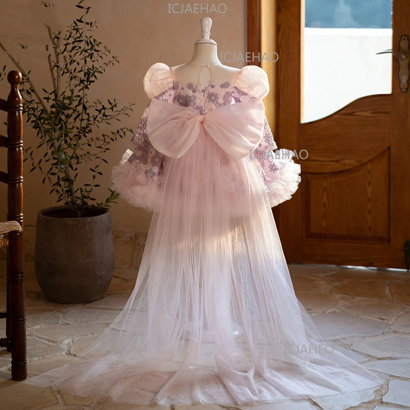Lace Long Sleeve Puff Sleeve Girls Sweep Train Gown First Birthday Party Banquet Baby Flower Girl Princess Tutu Elegant Costume