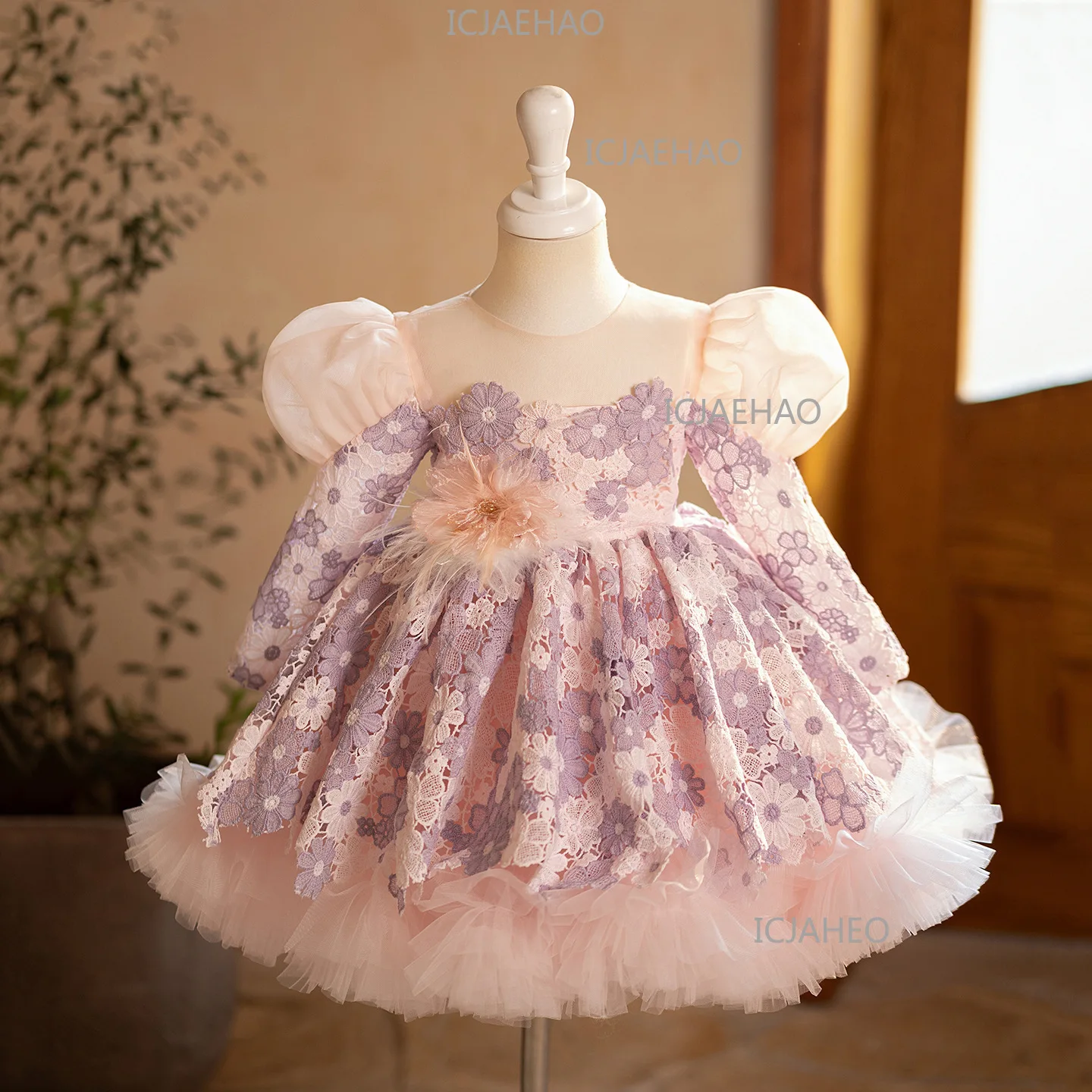 Lace Long Sleeve Puff Sleeve Girls Sweep Train Gown First Birthday Party Banquet Baby Flower Girl Princess Tutu Elegant Costume