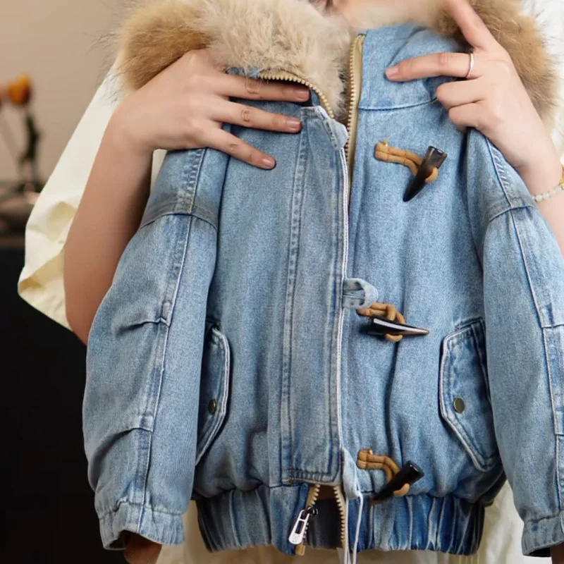 UNITIM 2026 Children Boys Cotton Jacket Kids Boys Winter Thicken Denim Coat Faux Fur Hooded Plush Hooded Cotton-padded Parkas