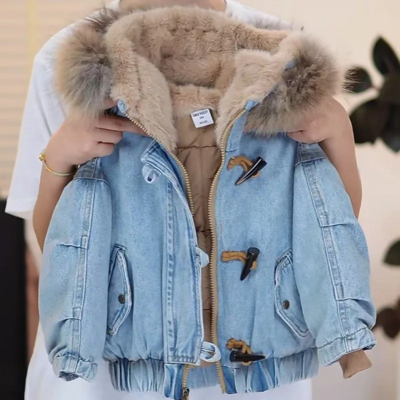 UNITIM 2026 Children Boys Cotton Jacket Kids Boys Winter Thicken Denim Coat Faux Fur Hooded Plush Hooded Cotton-padded Parkas
