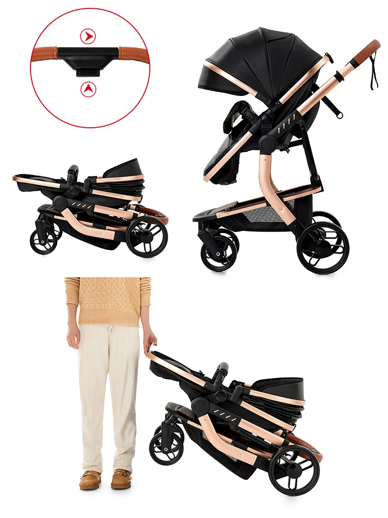 Luxury 3-in-1 Baby Stroller PU Leather Waterproof Easy Clean Pram Newborns Travel System Foldable Buggy with Car Seat Carriage