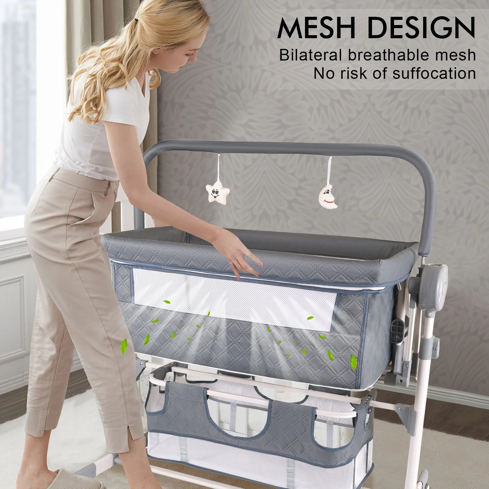 Baby Bed Baby Cradle Baby Cribs Multi Functional with Mosquito Net Stable Safety Newborn Bed Send Gifts Memory Cotton Mattress Storage Bag Parents Enjoy Play with Baby Home Sleeping Bed Fashion and Good Quality