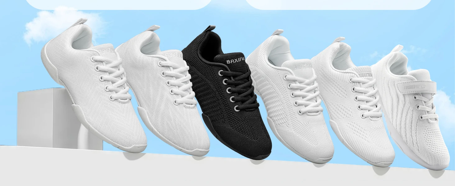BAXINIER Girls Cheerleading Shoes White Black Breathable Knit Athletic Training Sneakers Youth Kids Cheer Shoes Non-Slip Rubber Sole for School Practice and Competition