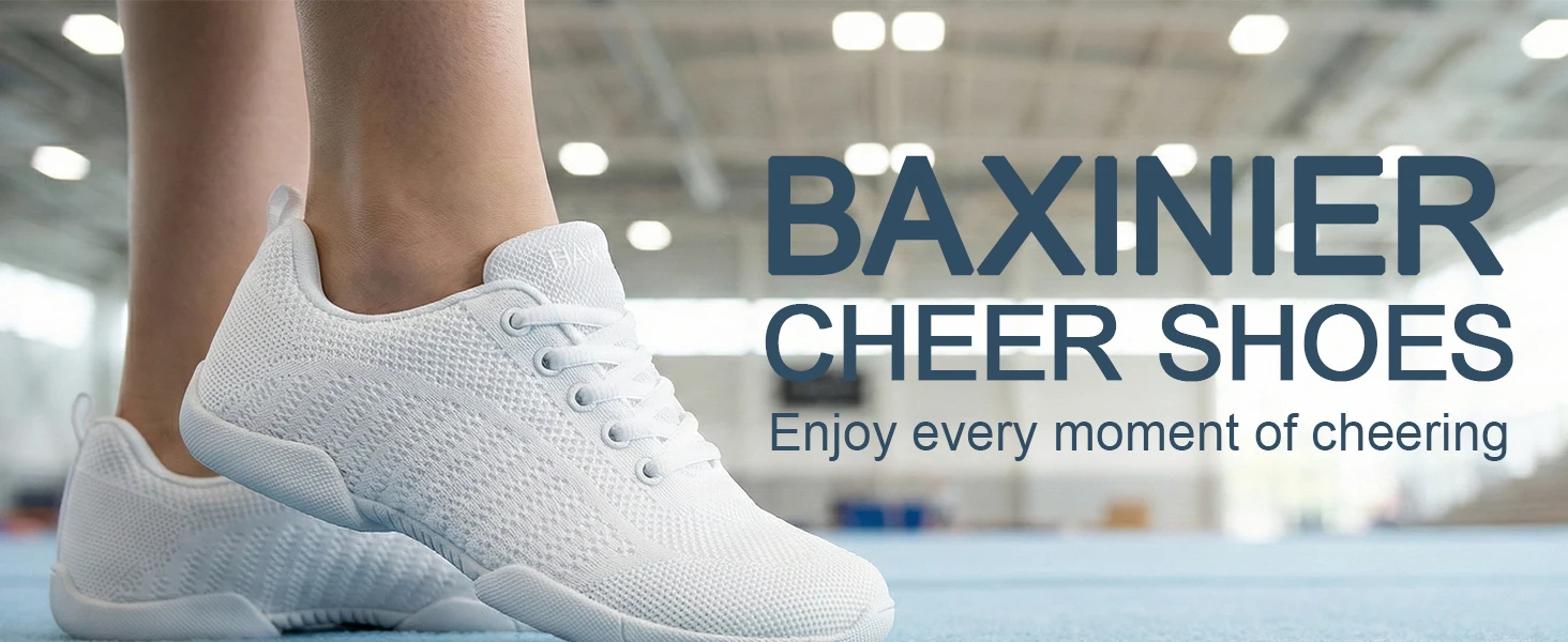 BAXINIER Girls Cheerleading Shoes White Black Breathable Knit Athletic Training Sneakers Youth Kids Cheer Shoes Non-Slip Rubber Sole for School Practice and Competition