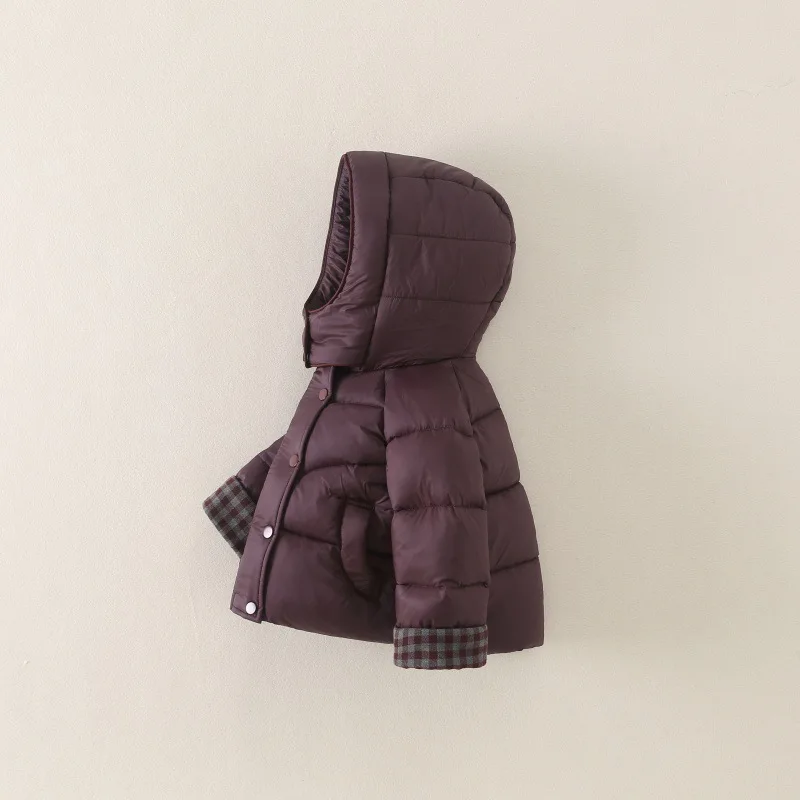 2026 New Winter Minimalist Children's Hooded Plaid Warm and Thickened Concealed Button Cotton Jacket