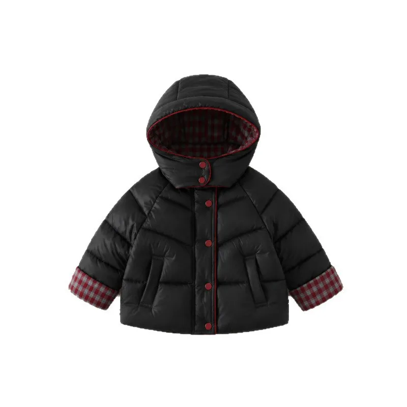 2026 New Winter Minimalist Children's Hooded Plaid Warm and Thickened Concealed Button Cotton Jacket