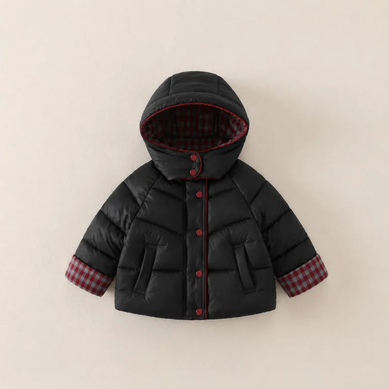 2026 New Winter Minimalist Children's Hooded Plaid Warm and Thickened Concealed Button Cotton Jacket